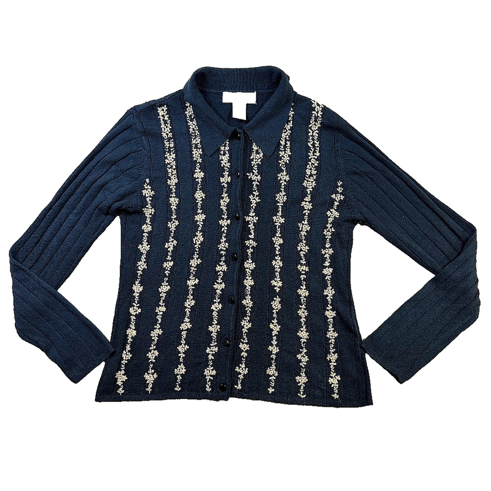 Casual Corner Women's M Navy Floral Embroidered Button Front Cardigan